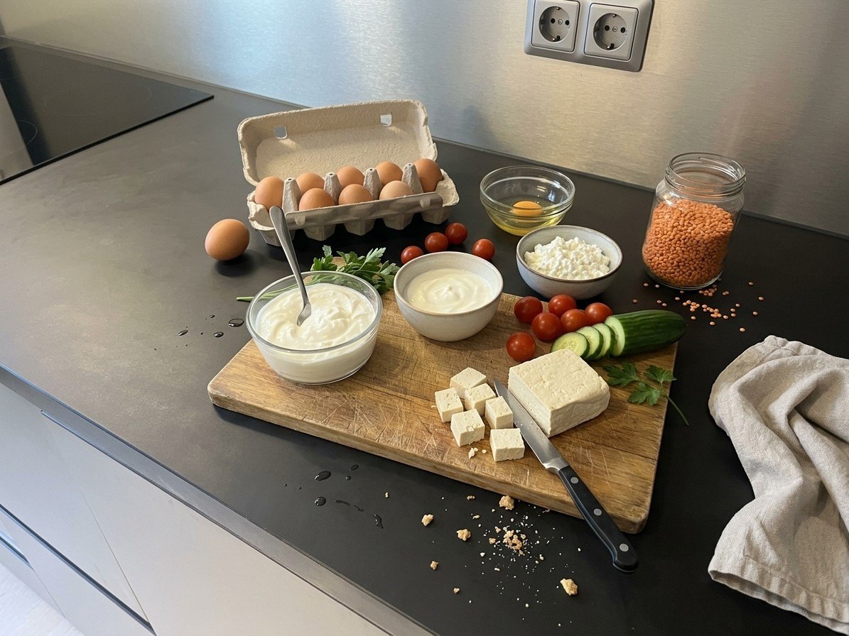 Eiweißreiche Lebensmittel auf einer Küchenarbeitsplatte: Quark, Skyr, Hüttenkäse, Eier, Tofu und rote Linsen, dazu Tomaten und Gurke