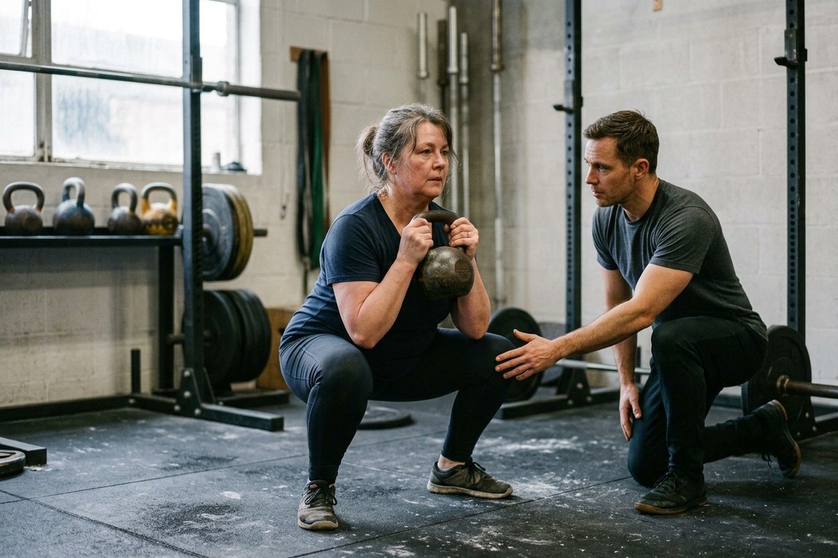 Trainer korrigiert eine Frau bei der Kniebeuge mit der Kettlebell in einer Trainingshalle