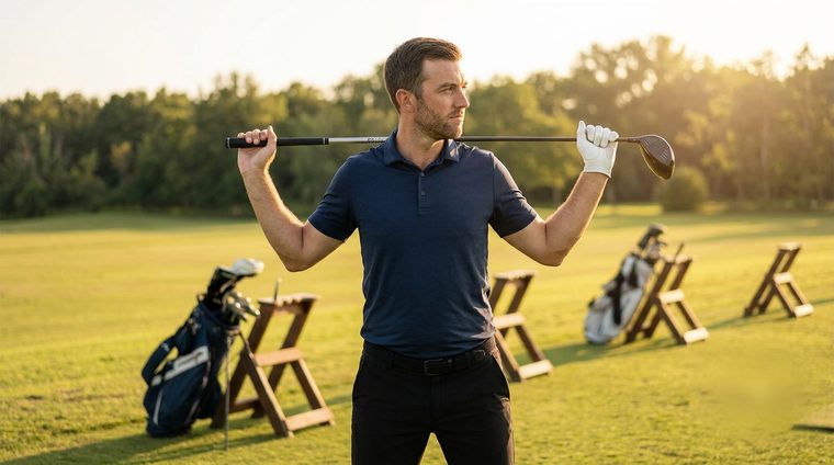 Golfer in der Abschlagposition auf der Driving Range im Abendlicht