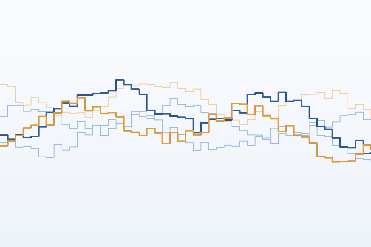 Abstrakte Grafik: Herzschlag-Abstände als Linie in Blau und Bernstein