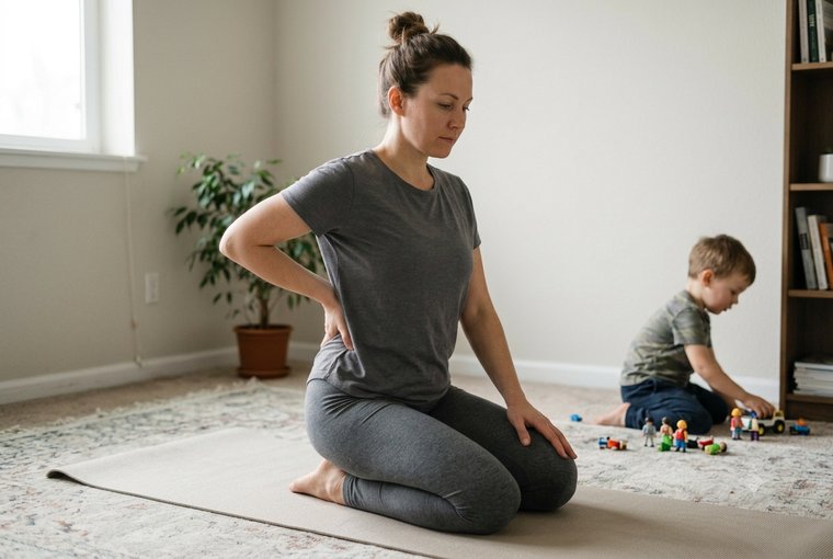 Frau kniet auf einer Yogamatte zuhause, eine Hand am unteren Rücken, bereitet sich auf ein Rückentraining vor