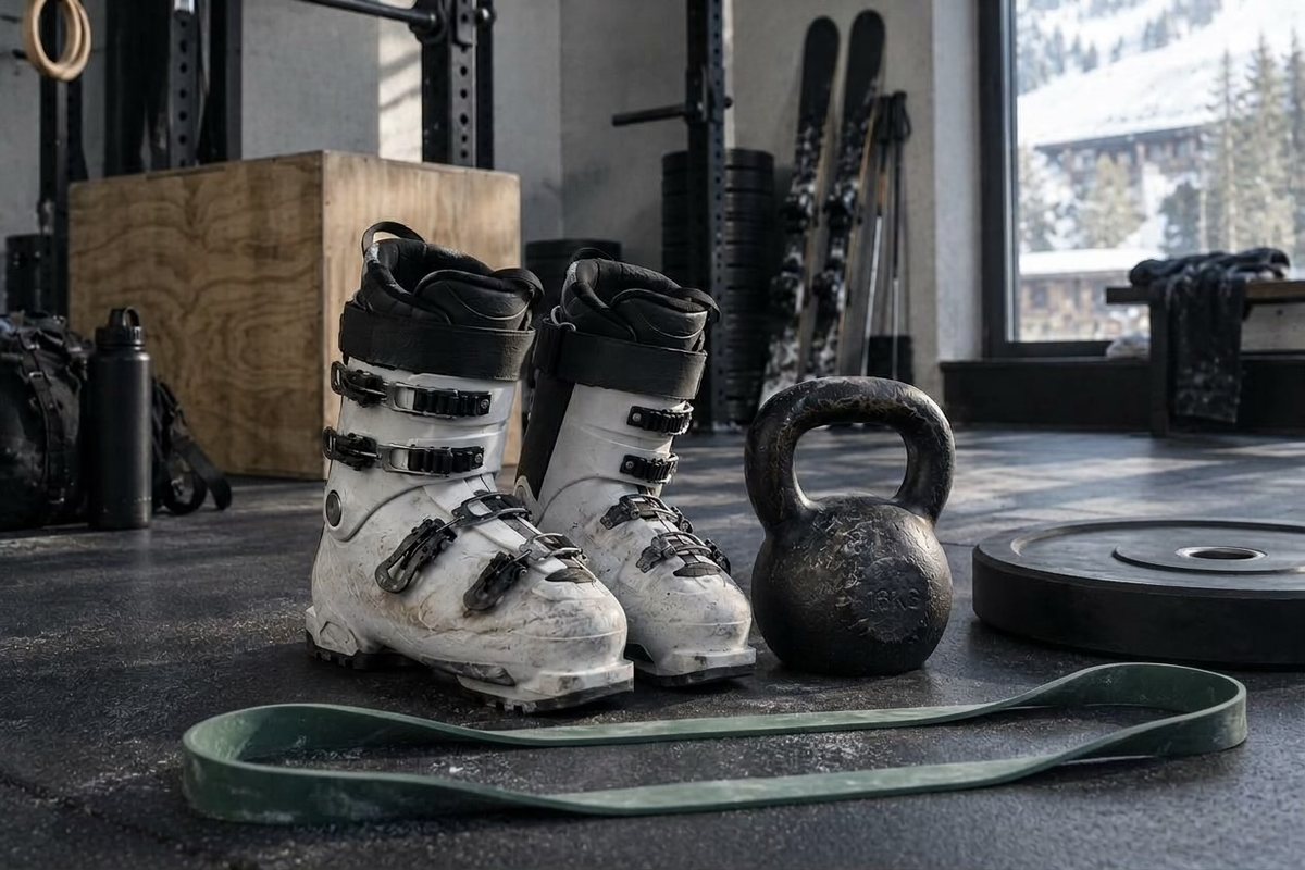 Weiße Skischuhe neben Kettlebell, Hantelscheibe und Trainingsband auf dem Gummiboden eines Trainingsraums