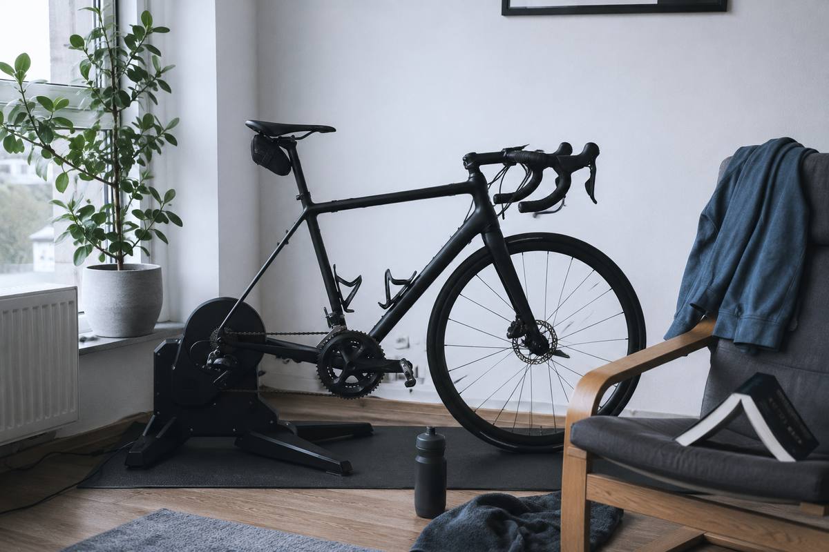 Rennrad auf einem Rollentrainer in einem Wohnraum am Fenster