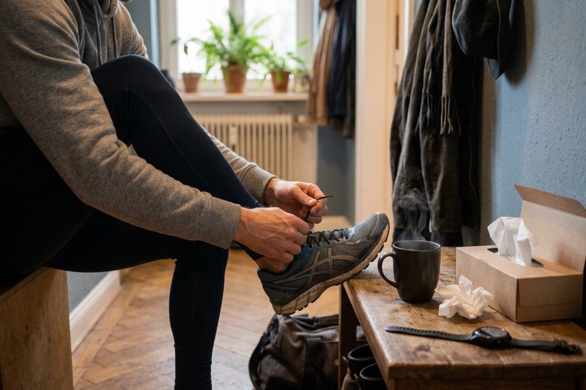 Mann schnürt im Hausflur seine Laufschuhe, daneben stehen Tee, Taschentücher und eine Sportuhr